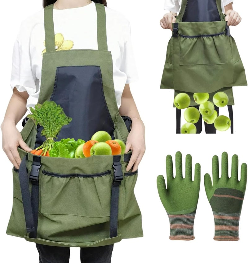 Silanit Garden Apron with Green Gloves-Adjustable Waist, Water-Repellent Gardening Apron with Pockets for Gardening and Kitchen Tasks - Image 1